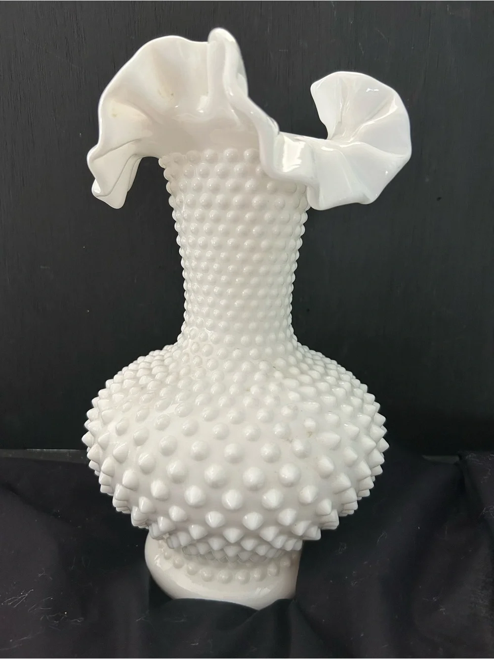 Fenton White Milk glass Hobnail Ruffled Crimped Top Vase